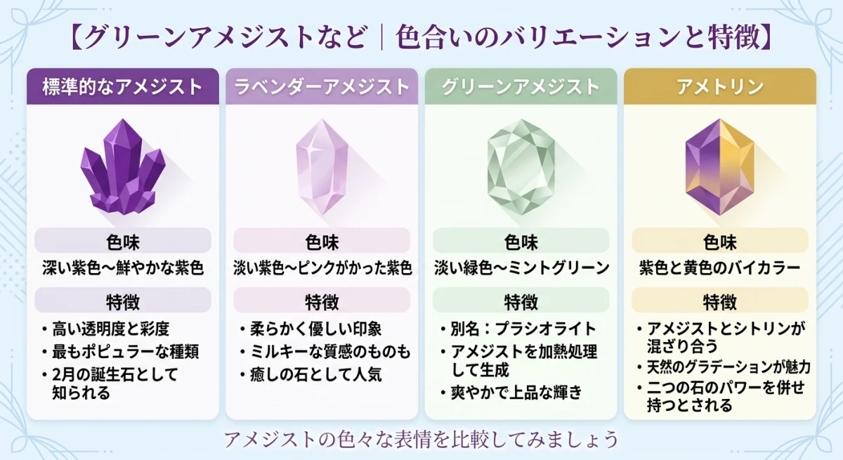 アメジストの主要な4種類のカラーバリエーション