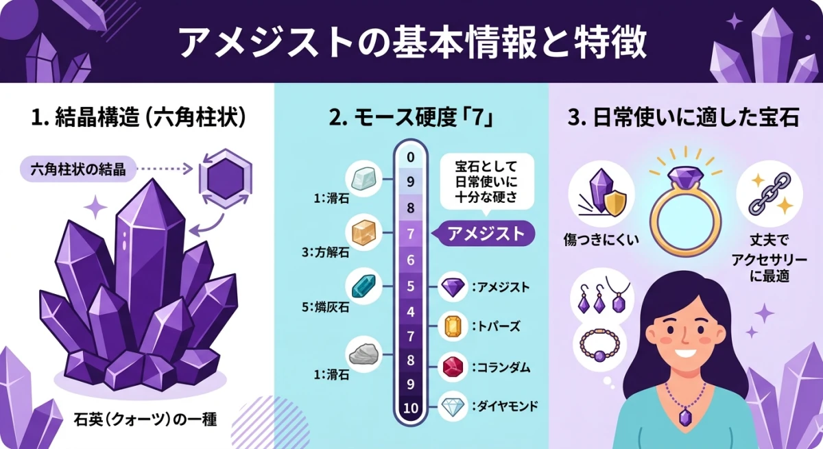 アメジストの結晶構造と硬度7を示した基本スペック