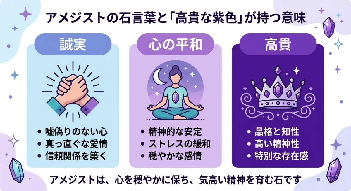 アメジストの石言葉である誠実、心の平和、高貴の3つアイコン