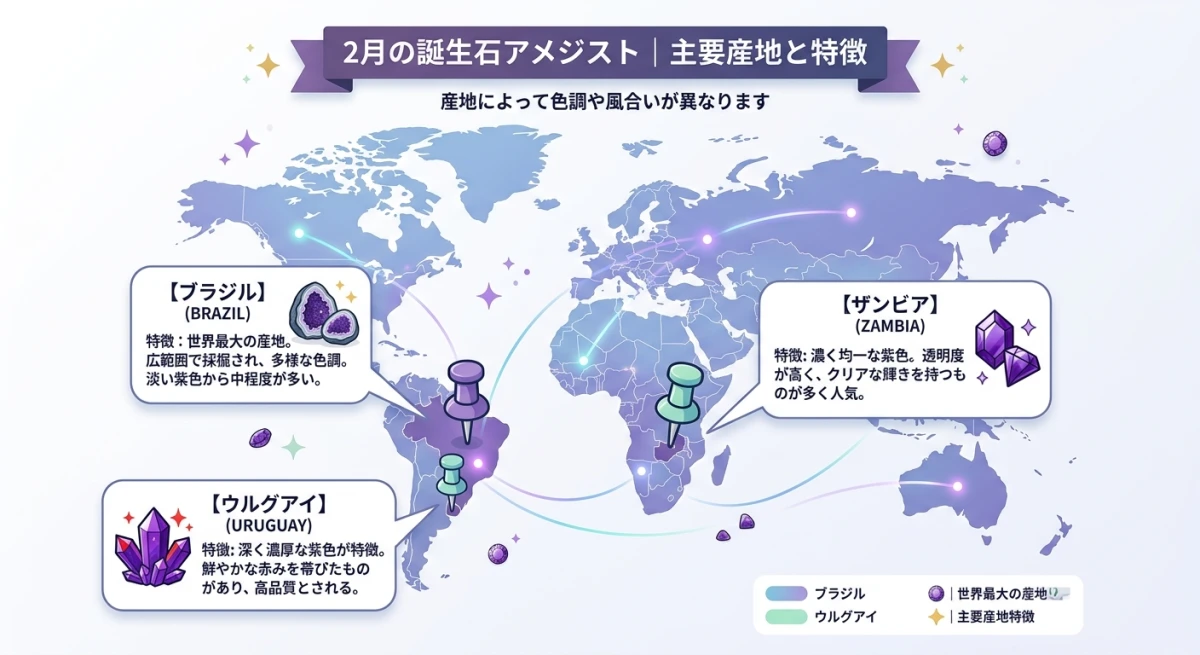 アメジストの主な産地であるブラジル、ウルグアイ、ザンビアを示した世界地図