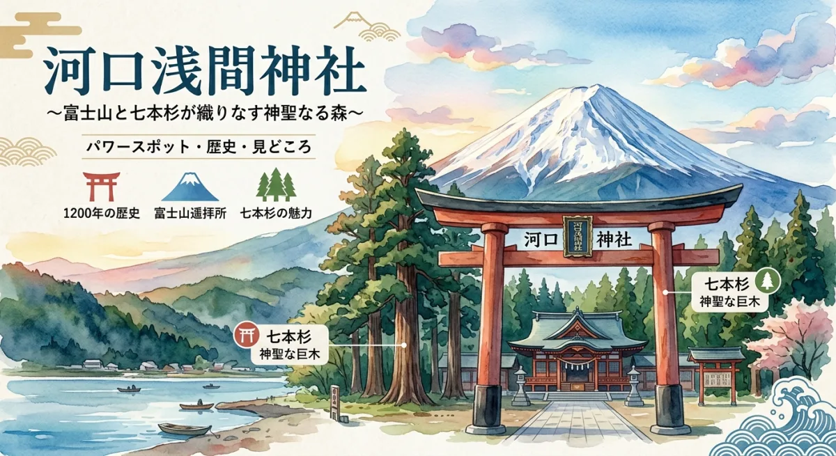 富士山を背景に建つ河口浅間神社の美しい風景