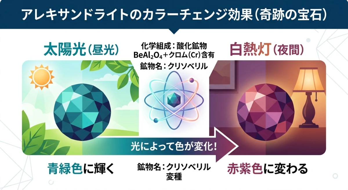 太陽光と白熱灯で色が変化するアレキサンドライト