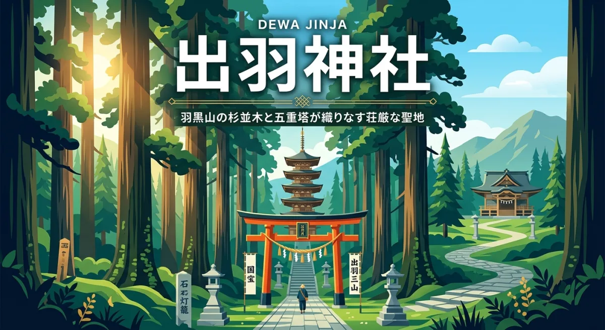 羽黒山の杉並木と五重塔の神秘的な風景