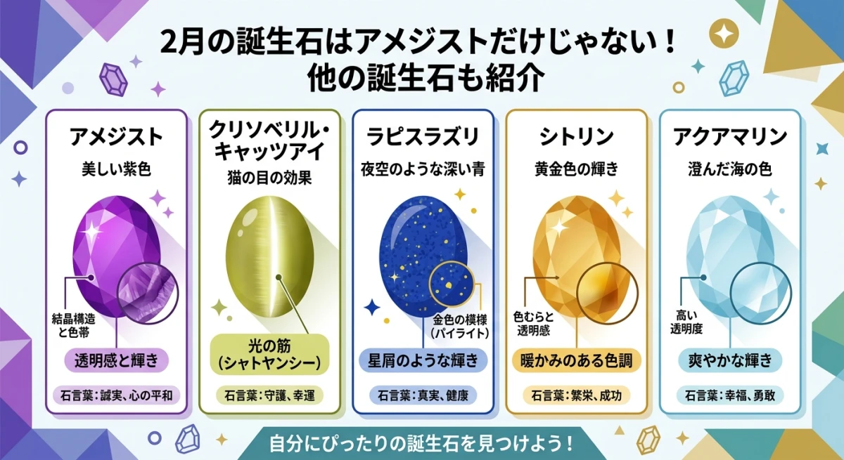 クリソベリル・キャッツアイやラピスラズリなど各石の特徴的な外見を並べた図