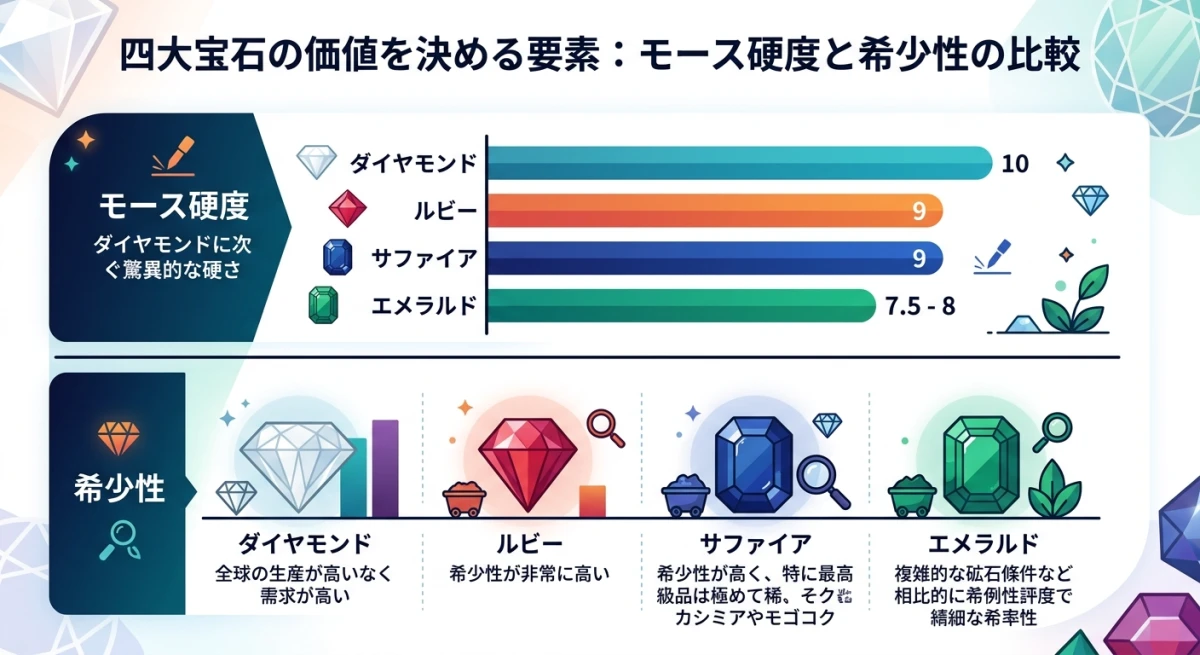 四大宝石の硬度と希少性を比較したチャート