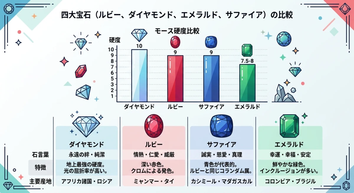 四大宝石の硬度と特徴を比較した表形式の図解