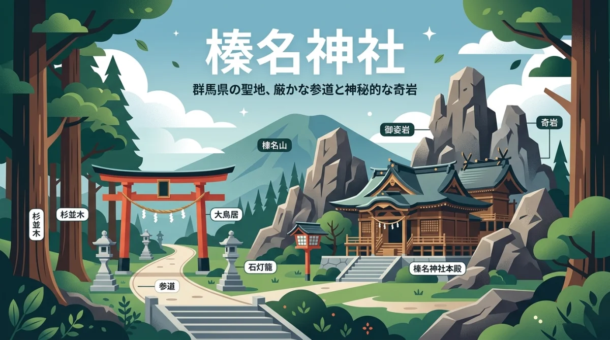 群馬県榛名神社の象徴である奇岩と参道の風景。