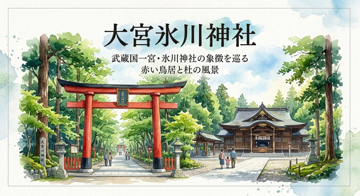 緑豊かな参道の先に厳かな赤い鳥居と本殿