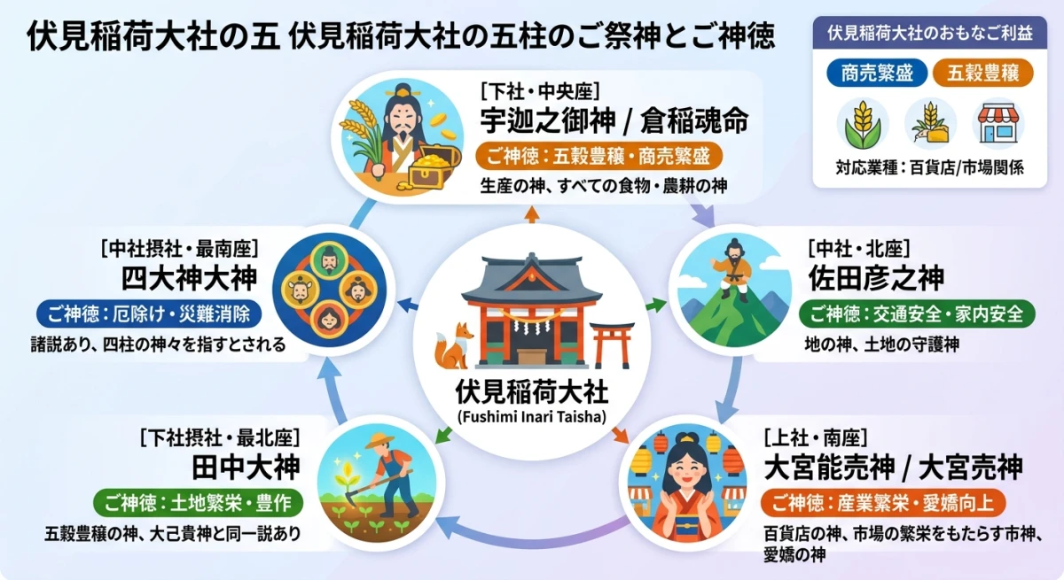 伏見稲荷大社の五柱のご祭神とそれぞれの主なご利益を示す相関図