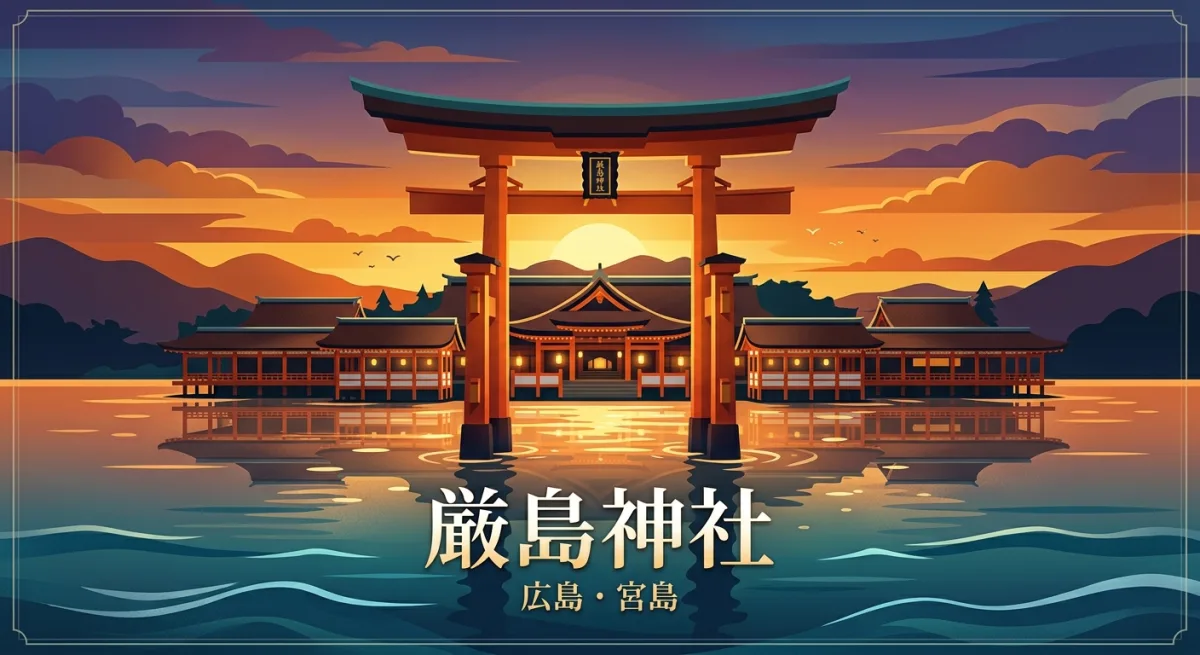 海上に浮かぶ厳島神社の社殿と大鳥居の幻想的な風景