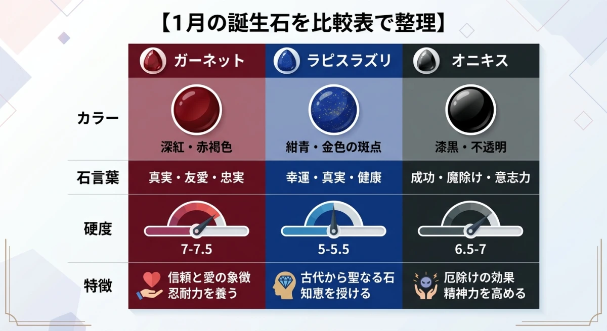 ガーネット、ラピスラズリ、オニキス、アメジストの特徴