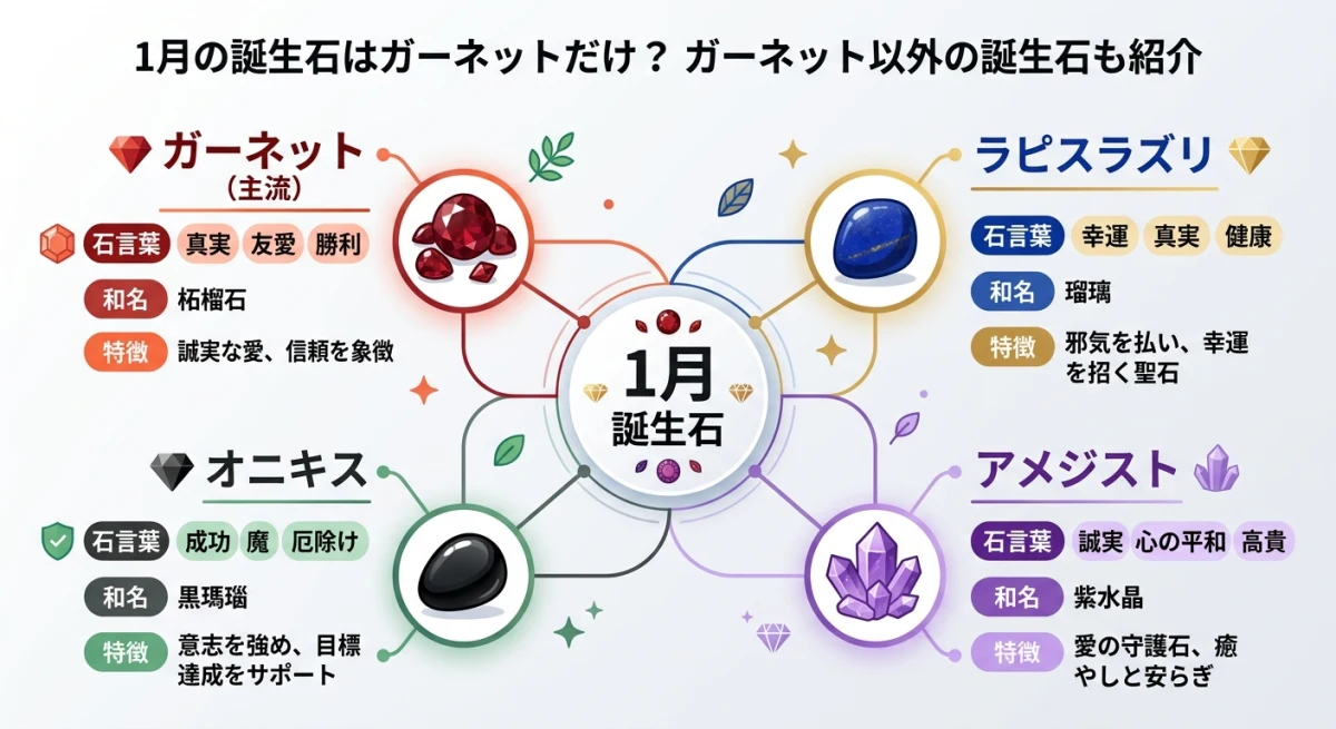 1月の誕生石として扱われる複数の宝石