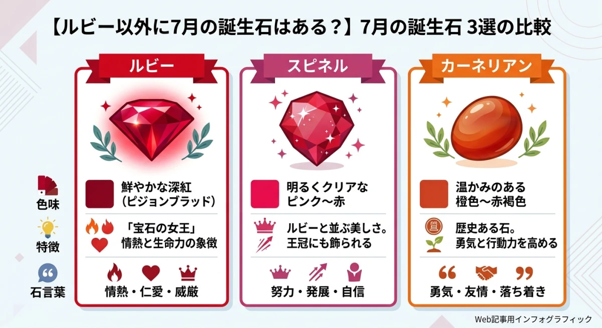 7月の誕生石であるルビー、スピネル、カーネリアン