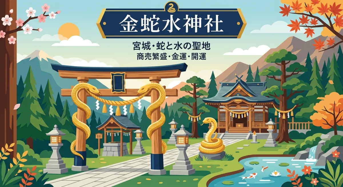 金蛇水神社の象徴である蛇のモチーフが施された神聖な境内