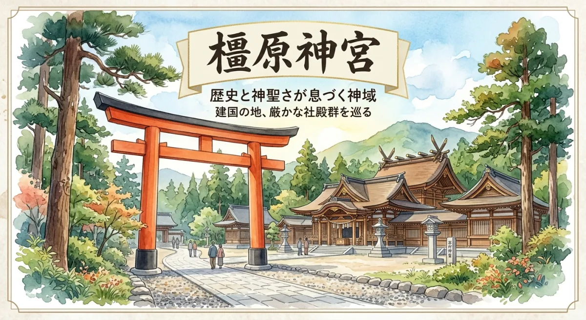 橿原神宮の鳥居と神殿の荘厳な風景