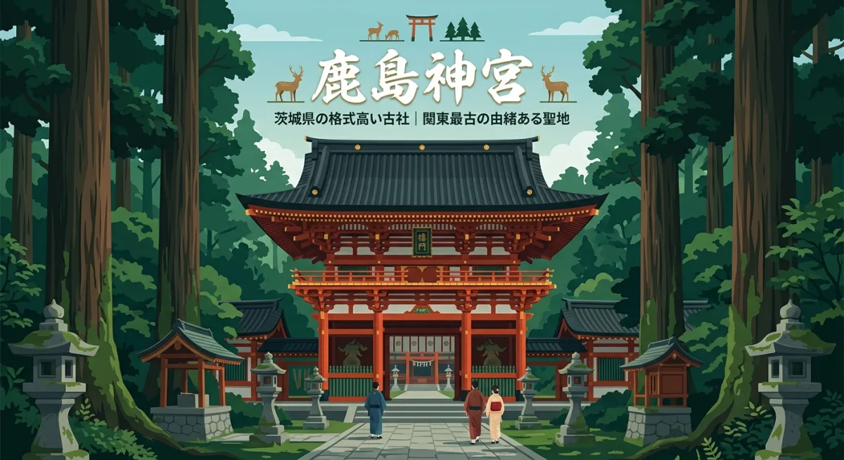 鹿島神宮の楼門と深い森が広がる神社の風景