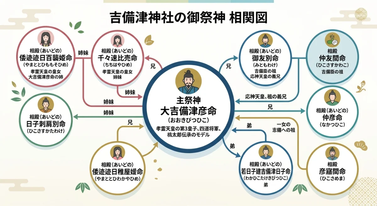 吉備津神社の主祭神である大吉備津彦命と相殿の8柱の神々