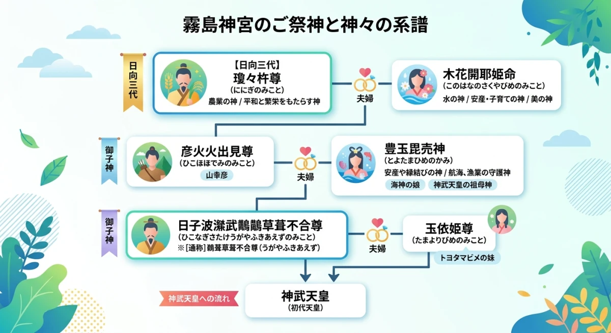 霧島神宮に祀られている瓊々杵尊を中心とした五柱の神々の系譜図