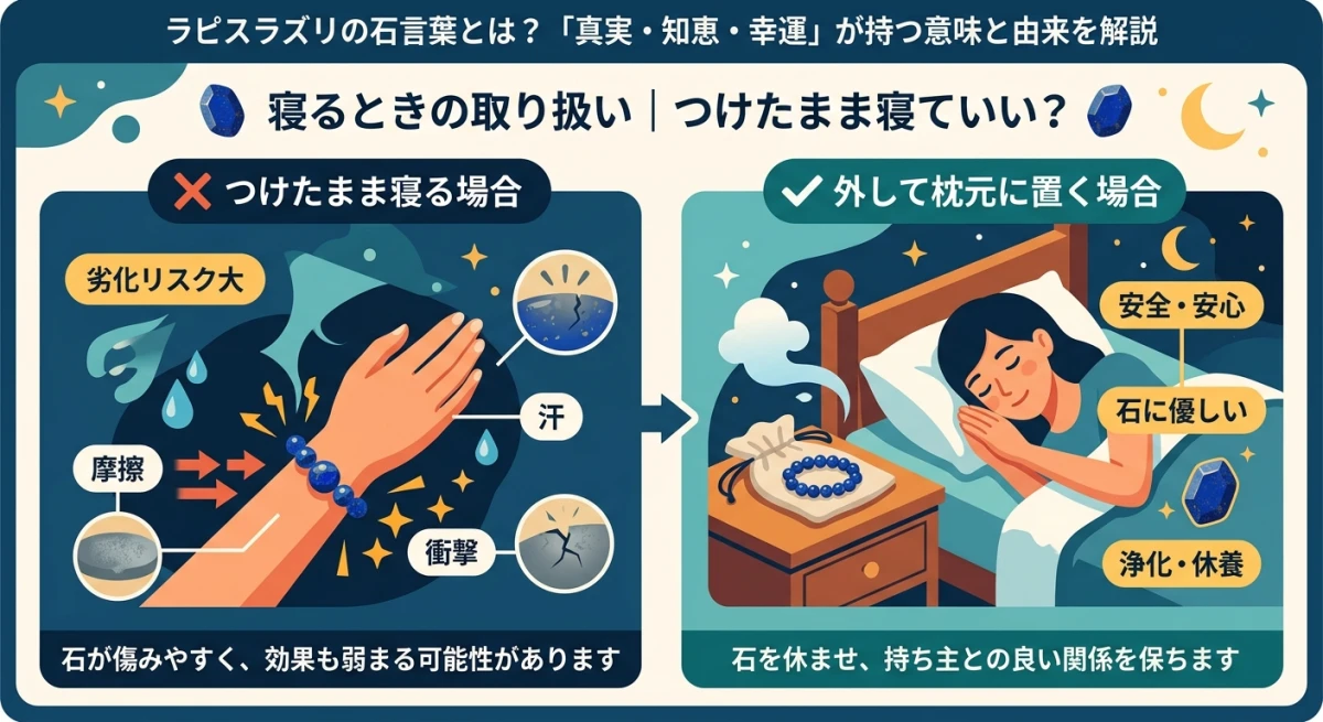 就寝時にラピスラズリを外して枕元に置くことを推奨する解説イラスト