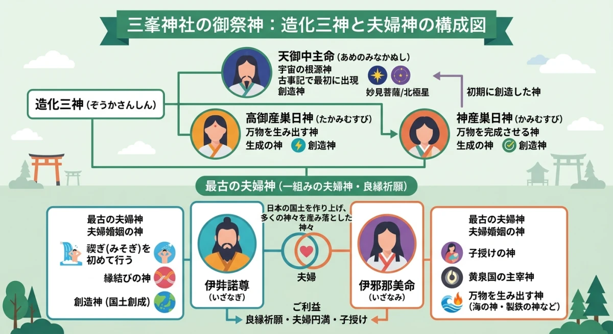 三峯神社のご祭神である夫婦神と造化三神の役割
