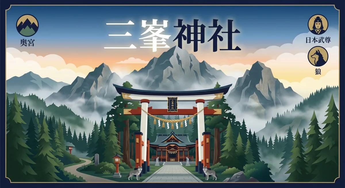 荘厳な山々に囲まれた三峯神社の鳥居