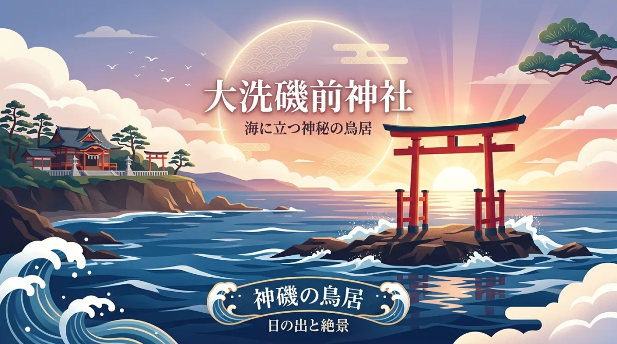 海に立つ大洗磯前神社の神磯の鳥居と日の出の風景