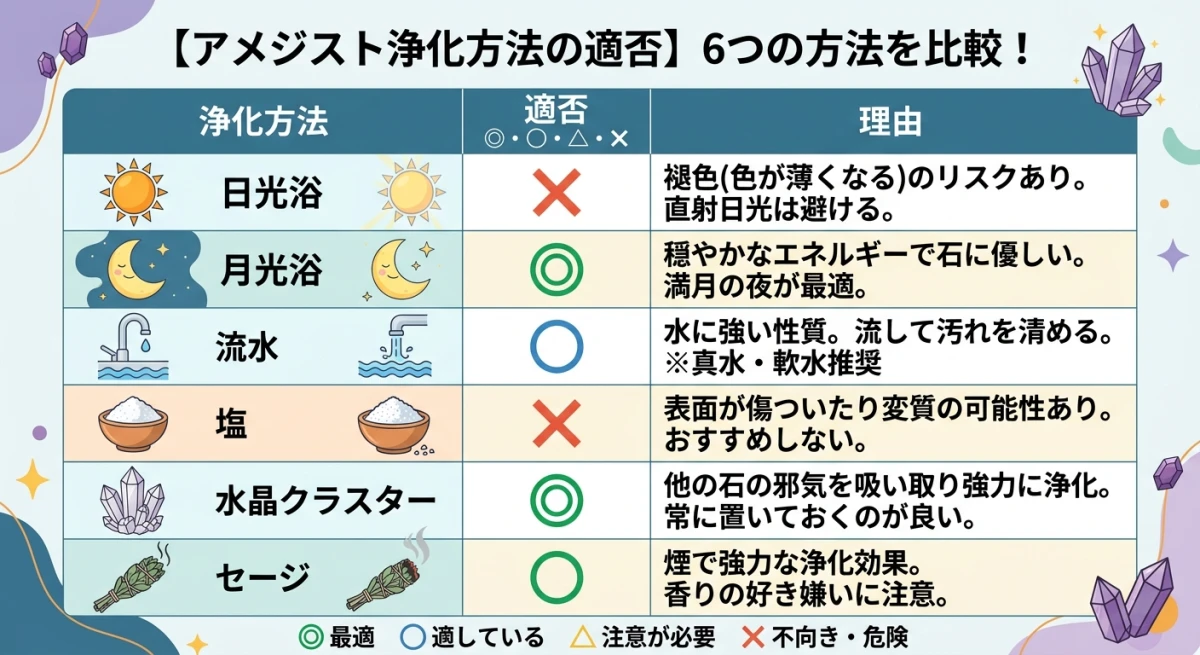 アメジストの浄化方法6種における適否と注意点をまとめた比較表。