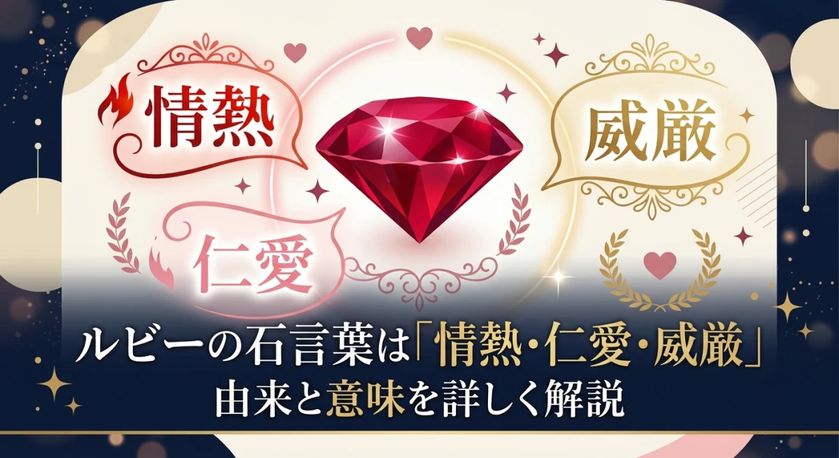 深紅のルビーと3つの石言葉（情熱・仁愛・威厳）を象徴的に表現したイメージ画像