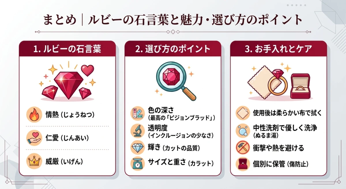 ルビーの石言葉、選び方、お手入れ方法