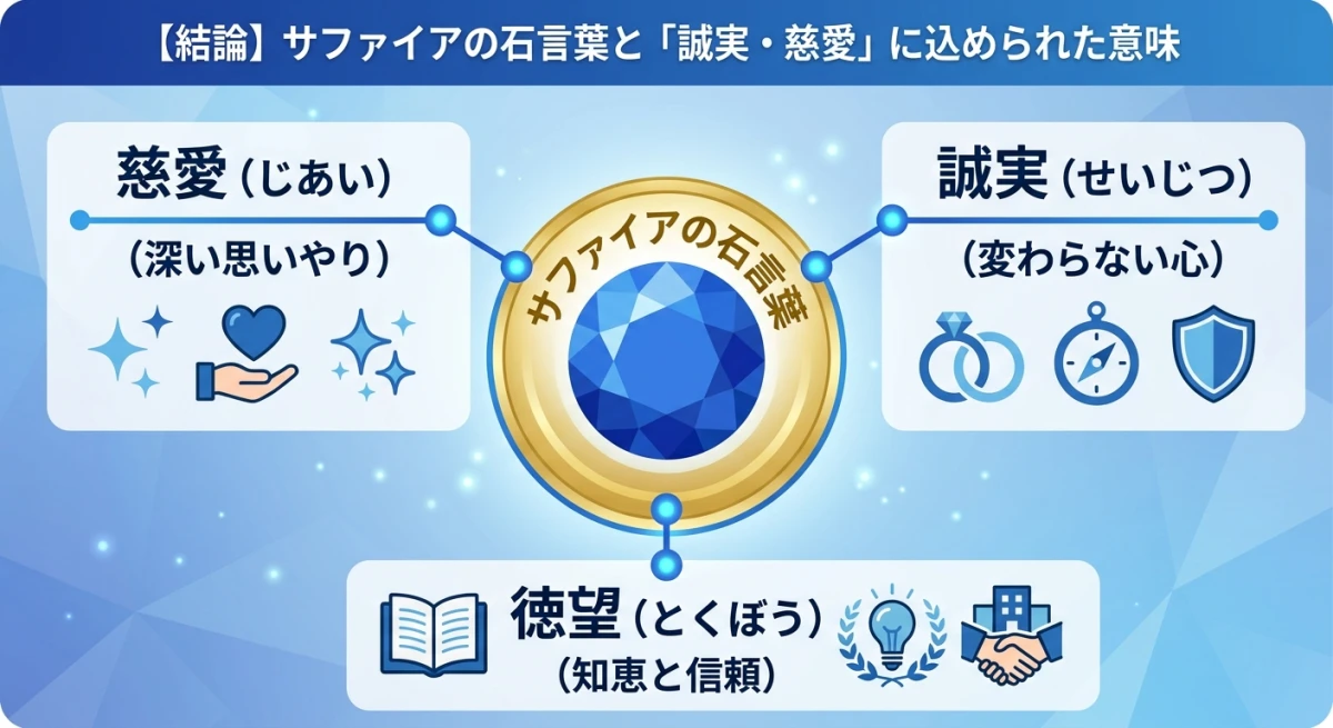 サファイアの石言葉である「慈愛・誠実・徳望」の3つの要素を示した概念図