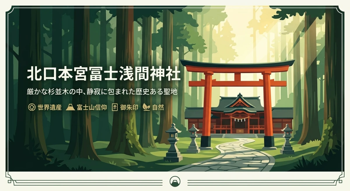 杉並木に囲まれた荘厳な北口本宮冨士浅間神社の社殿と鳥居