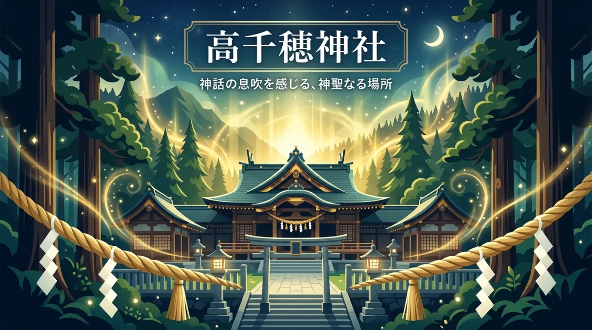 高千穂神社の荘厳な社殿と神秘的な光が差し込む神話の聖地の風景