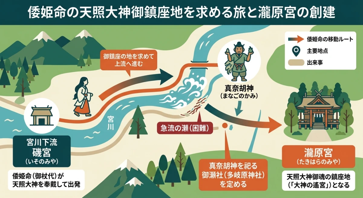 倭姫命が天照大神を奉戴して宮川の上流へ向かう歴史的遷宮ルートの地図