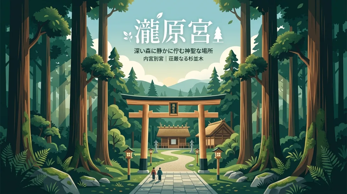 深い森に囲まれた神聖な瀧原宮の鳥居と参道