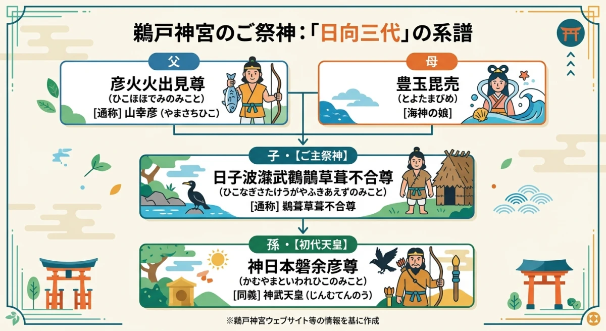 山幸彦から神武天皇へと続く日向三代の神々の系譜を示した家系図
