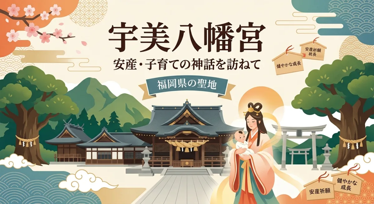 宇美八幡宮の社殿を背景にした、安産・子育ての神様