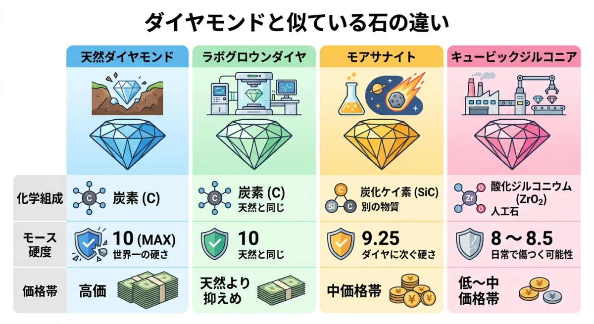 ダイヤモンドと類似石の組成や価格帯