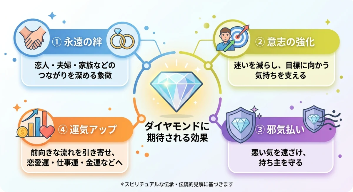 ダイヤモンドが持つ4つの主要なスピリチュアル効果をまとめた図解。