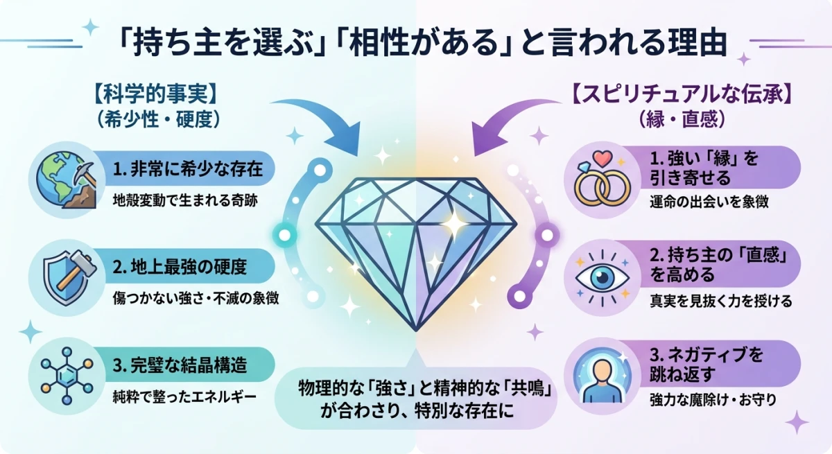 ダイヤモンドの科学的価値とスピリチュアルな伝承の関係性を示す図