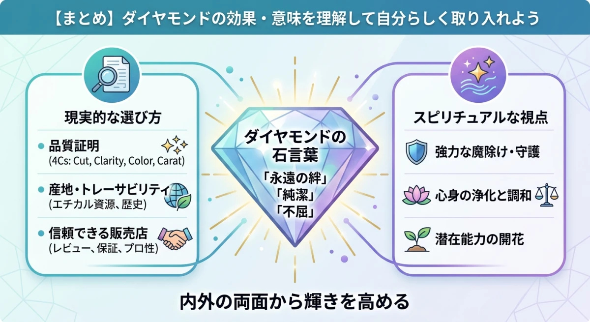 ダイヤモンドの石言葉と選び方のポイントをまとめた総括図