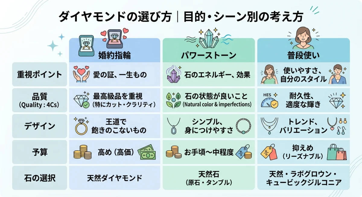 目的やシーンに応じたダイヤモンドの選び