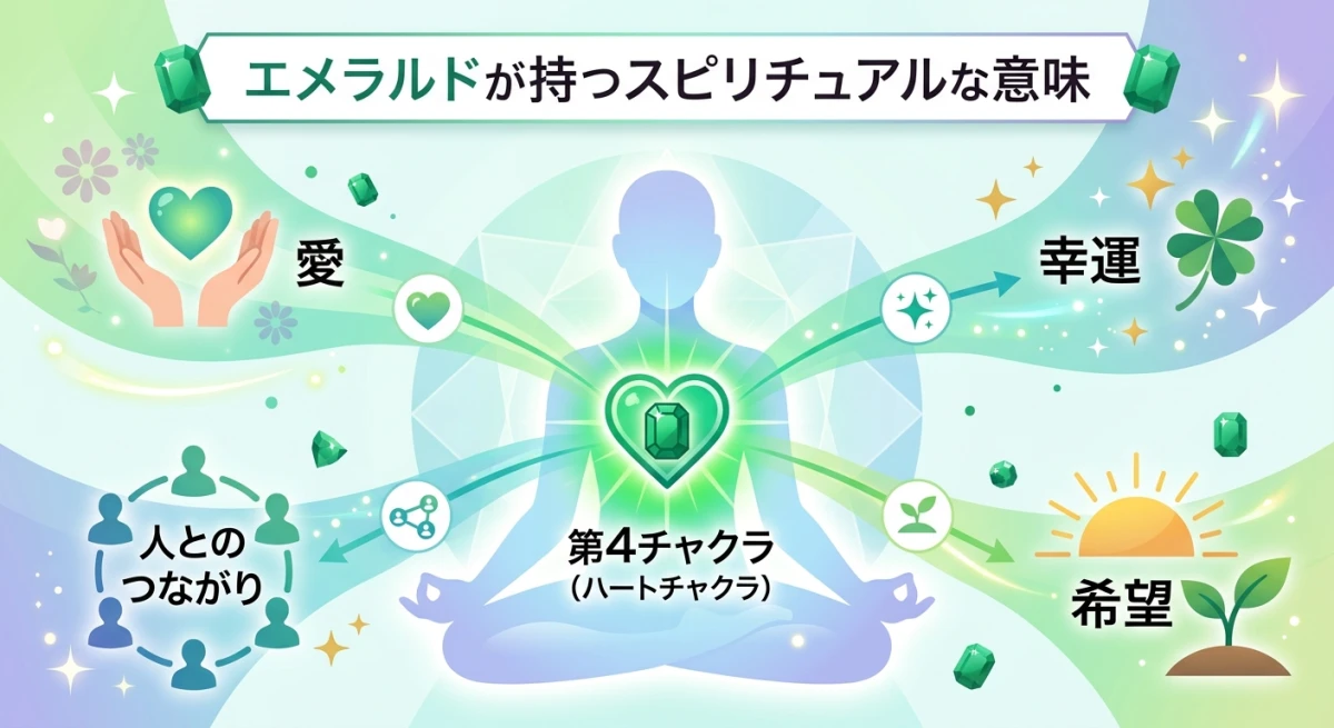 第4チャクラとエメラルドが持つスピリチュアルな効果の関係図