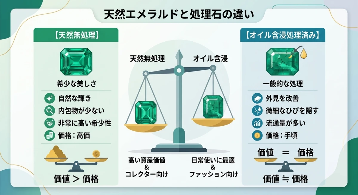 天然無処理とオイル含浸処理済みのエメラルドの希少性と価格の比較