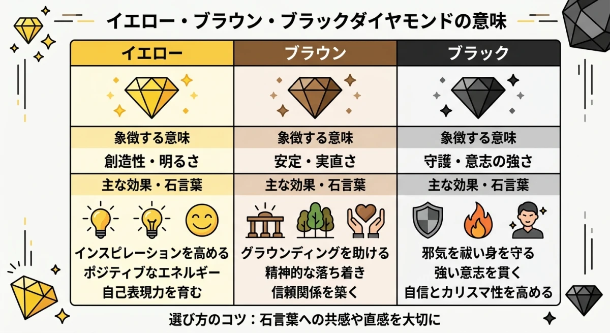 イエロー、ブラウン、ブラックの各ダイヤモンドが持つ意味を比較した一覧表。
