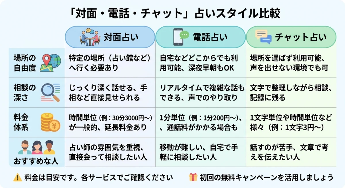 対面占い・電話占い・チャット占いの特徴比較表