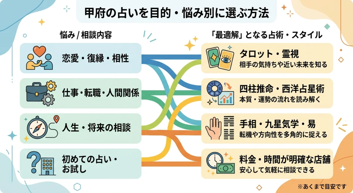 悩みと占術の相性を示す対応関係図