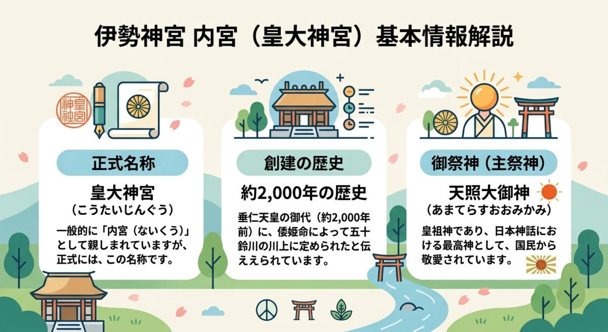 皇大神宮の基本情報、約2000年の歴史、天照大御神についての要約図。
