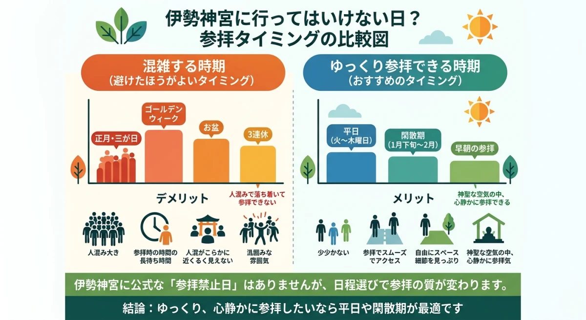 伊勢神宮の混雑時期とおすすめの参拝タイミングを比較した図