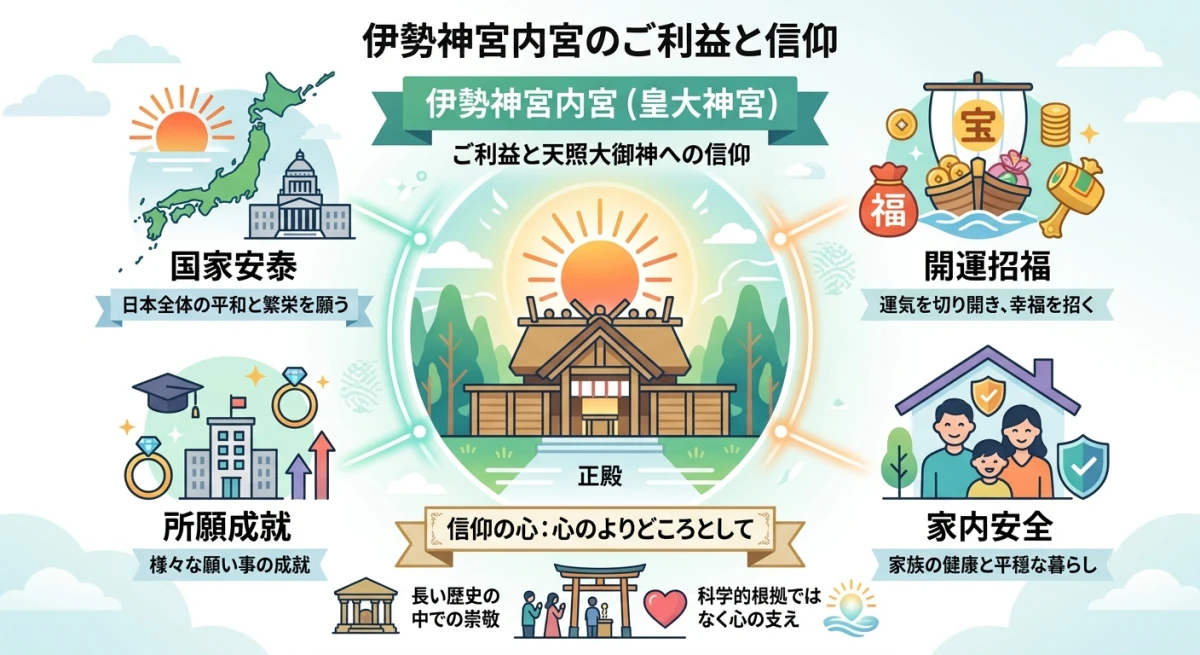 国家安泰や開運招福など、内宮参拝によって得られるとされる主なご利益