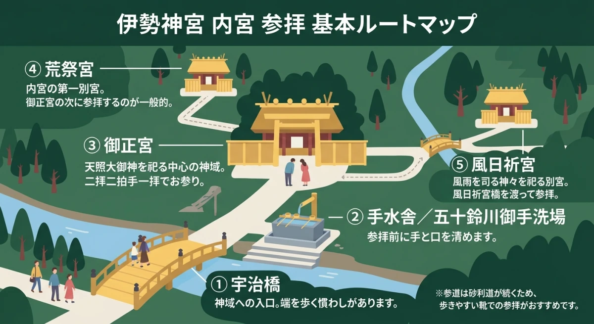 宇治橋から各主要スポットを経由して御正宮へ向かう参拝順序のルートマップ。